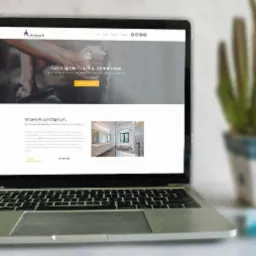 Laptop wyświetlający stronę internetową firmy remontowej Luk-s Spray.PL, z kaktusem w ozdobnej doniczce i niebieskimi akcesoriami biurowymi na biurku.