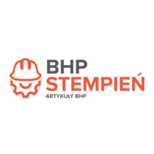 Logo firmy BHP Stępień z ikoną kasku ochronnego i hasłem 'Artykuły BHP'.