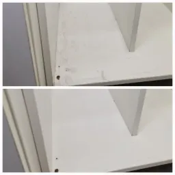 Porównanie stanu półki przed i po czyszczeniu: górna część z plamami i zaciekami, dolna część czysta, ukazująca efekt odświeżenia.