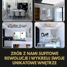 Cztery aranżacje wnętrz z różnymi sufitami: jadalnia z podwieszanym sufitem i wiszącymi lampami, łazienka z prostym oświetleniem sufitowym, kuchnia z sufitem z okrągłymi elementami dekoracyjnymi...