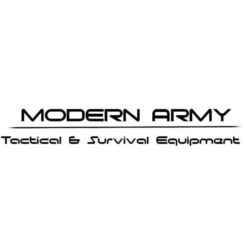 Logo firmy Modern Army, specjalizującej się w taktycznym i survivalowym wyposażeniu, czarny tekst na białym tle.
