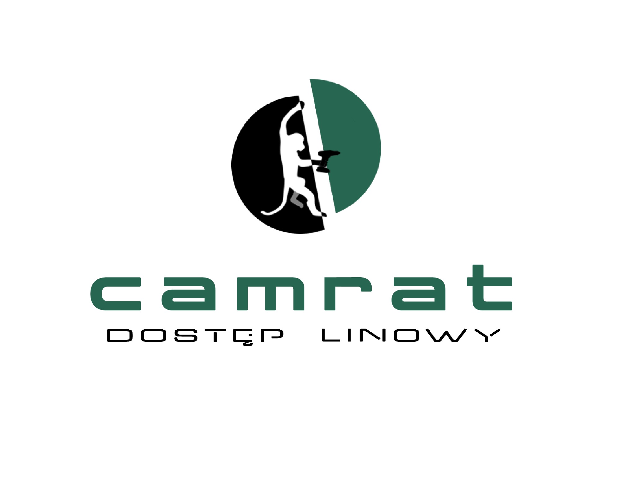 Logo firmy Camrat z motywem alpinisty z wiertarką na linie, symbolizujące dostęp linowy.