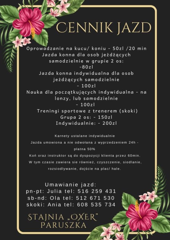 Grafika przedstawiająca cennik jazd konnych w stajni 'OXER' Paruszka, z informacjami o oprowadzaniu, jazdach indywidualnych i grupowych, treningach sportowych oraz kontaktach do umawiania jazd...