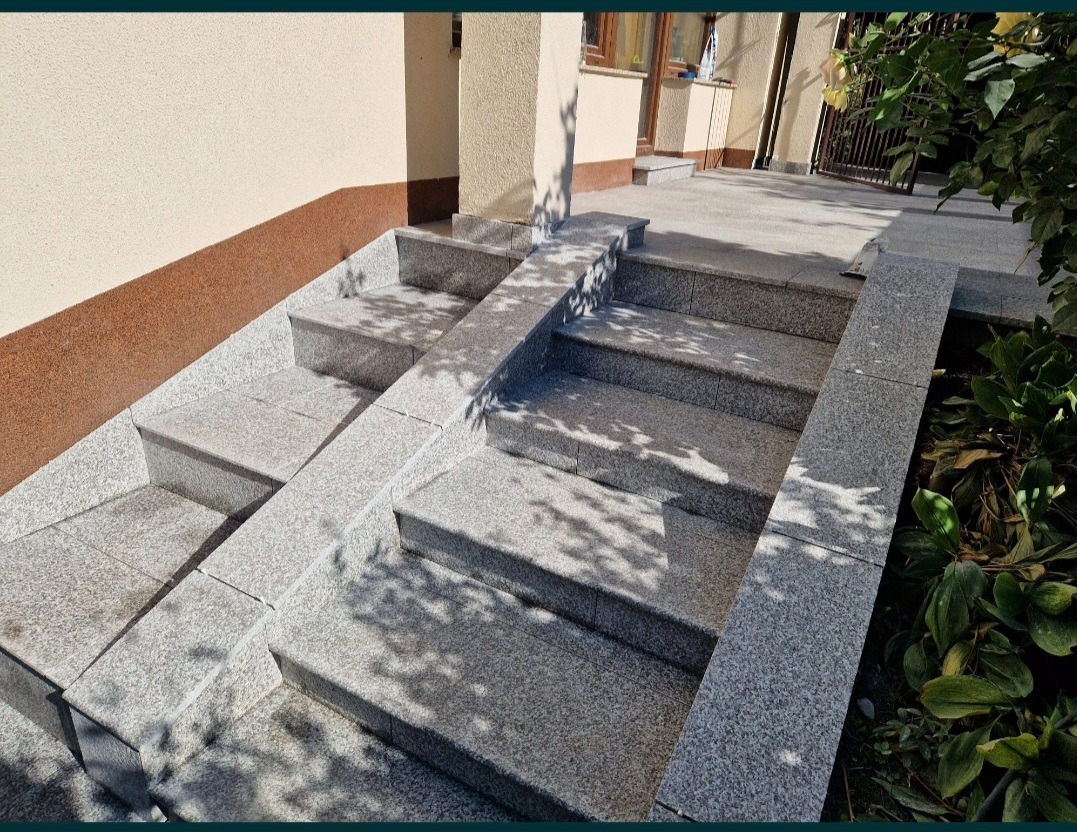 Granitowe schody zewnętrzne z podjazdem dla wózków, prowadzące do wejścia budynku, z widocznymi cieniami drzew.