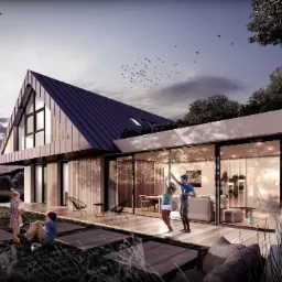 Wizualizacja nowoczesnego domu jednorodzinnego z dachem dwuspadowym i dużymi przeszkleniami, otoczonego zielenią. Na tarasie para tańczy, a dzieci bawią się na trawniku. W tle widoczne stado ptaków...