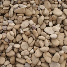 Kremowe, otoczone piaskiem kamienie o różnych kształtach i rozmiarach, wypełniające całą klatkę, z jednym fioletowym kamieniem pośrodku.