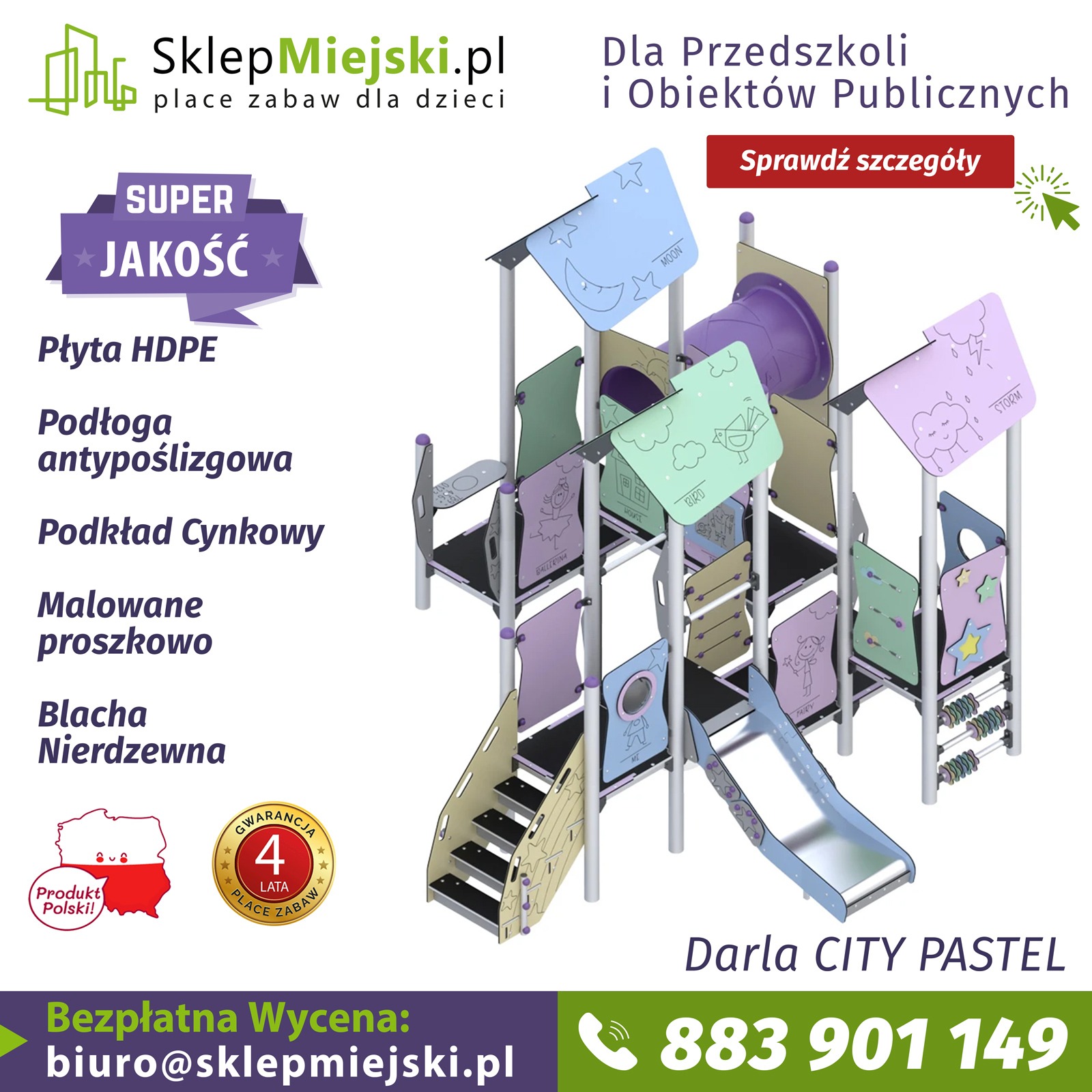 Wielopoziomowy plac zabaw w pastelowych barwach dla dzieci, z elementami edukacyjnymi i zjeżdżalnią, przeznaczony dla przedszkoli i obiektów publicznych.