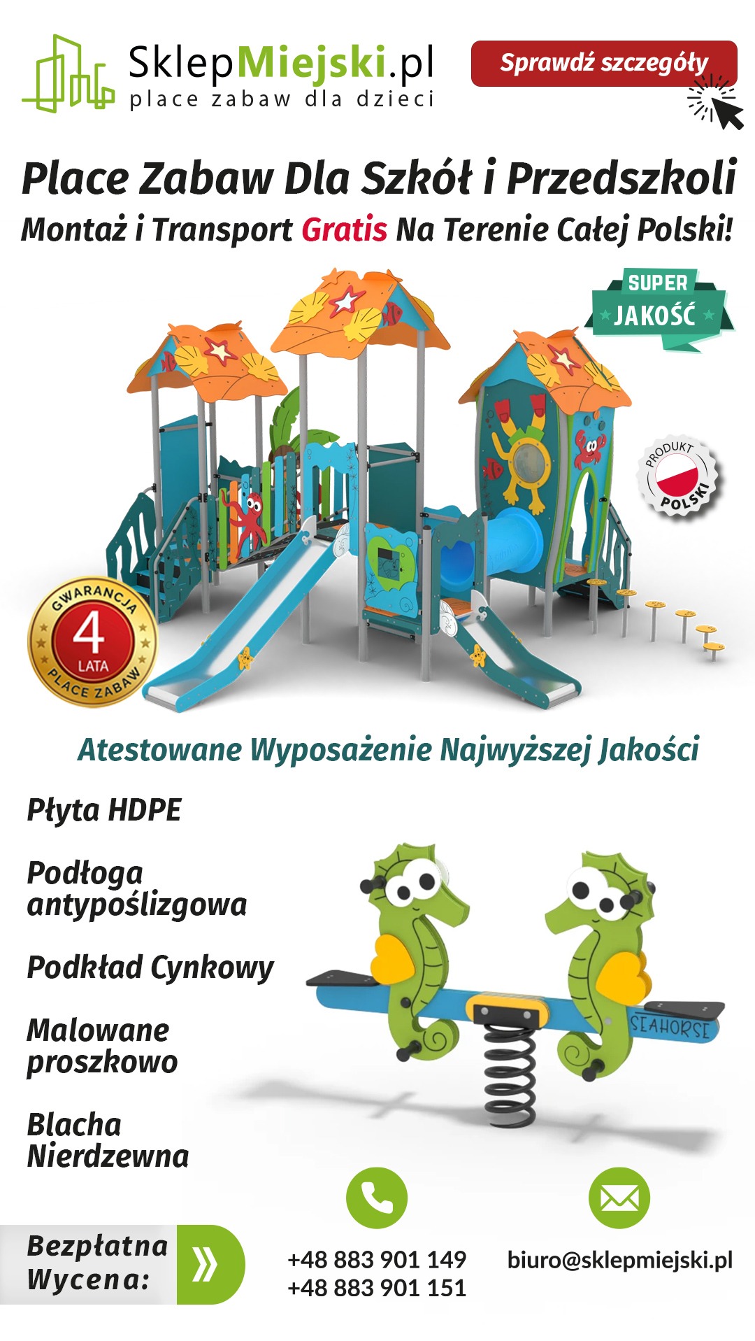 Kolorowy zestaw zabawowy dla szkół i przedszkoli z gwarancją 4 lata, zawierający zjeżdżalnie, tunele i elementy w motywie morskim, prezentowany na białym tle.