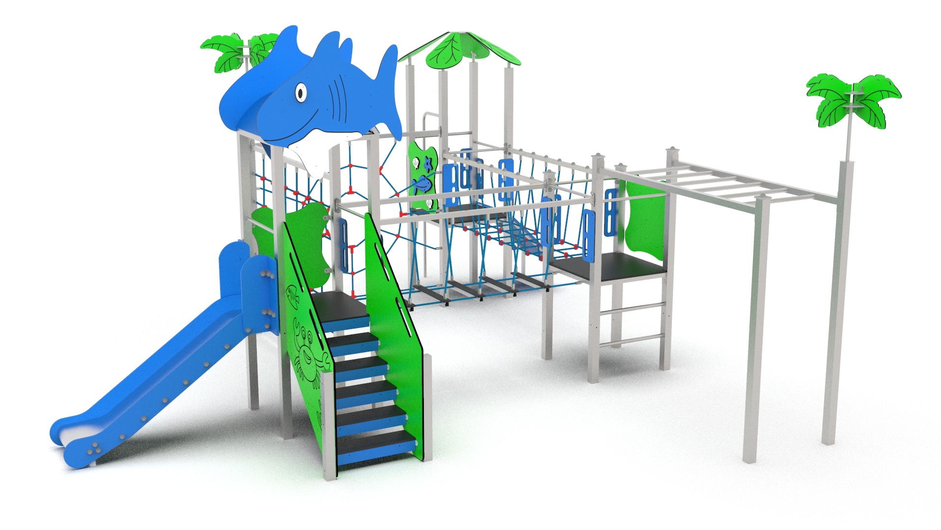 Wieloelementowy plac zabaw z motywem morskim: zjeżdżalnia, drabinki, most linowy i rura do zjeżdżania. Górę konstrukcji zdobi duży, niebieski rekin.
