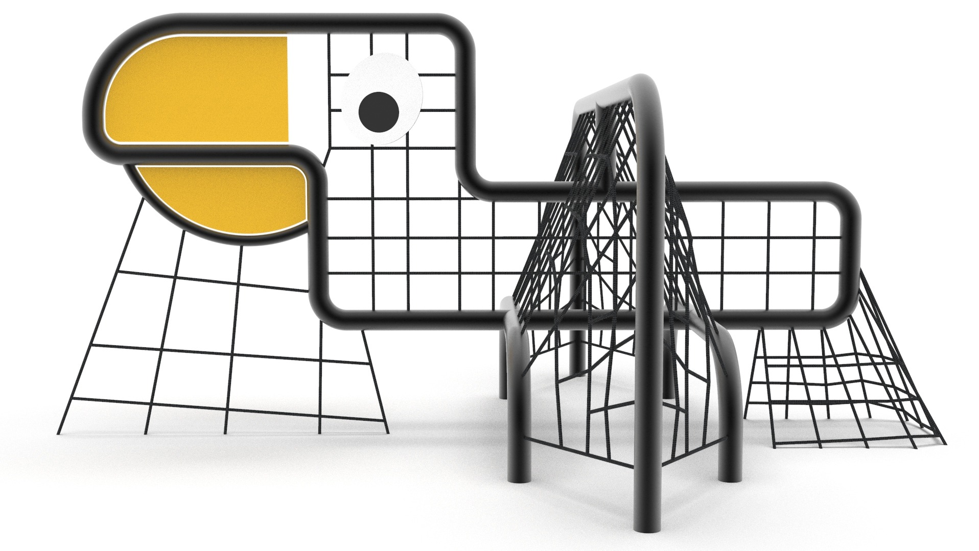 Nowoczesny plac zabaw w kształcie ptaka, wykonany z czarnej metalowej konstrukcji i siatek, z żółtymi akcentami. Realizacja z Kielc.