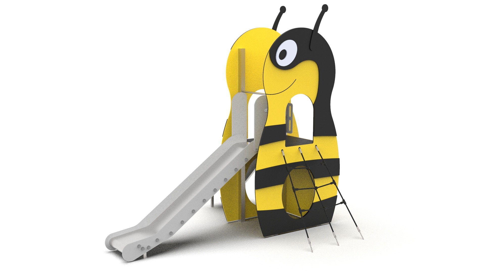 Atrakcyjny wizualnie plac zabaw w kształcie pszczoły z szarą zjeżdżalnią i czarną siatką do wspinaczki, na białym tle. Idealny do ogrodu.