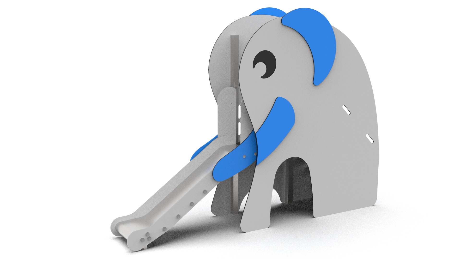 Szary, nowoczesny plac zabaw ze zjeżdżalnią w kształcie słonia z niebieskimi akcentami na białym tle. Minimalistyczny design, widok z perspektywy.
