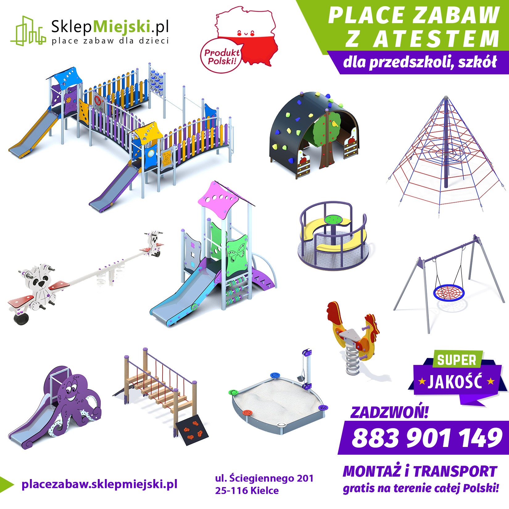 Kompletny zestaw urządzeń na plac zabaw z atestem, zawierający zjeżdżalnie, ściankę wspinaczkową, huśtawkę i piaskownicę. Produkt Polski.