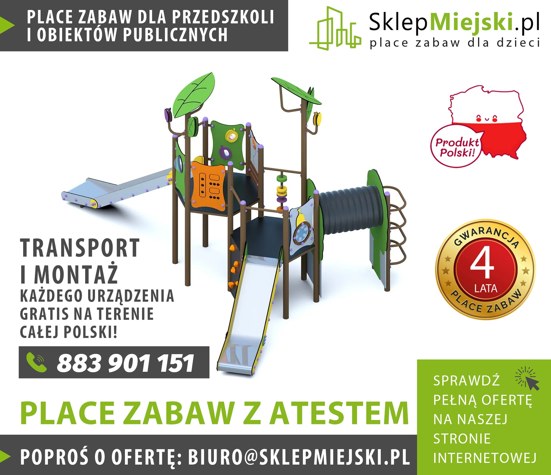 Kolorowy zestaw zabawowy z tunelem i zjeżdżalnią, oznaczony jako produkt polski z 4-letnią gwarancją, oferowany z darmowym transportem i montażem na terenie Polski.