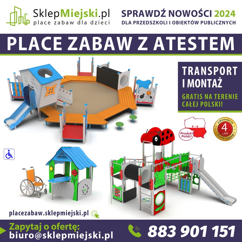Kompleksowy zestaw placu zabaw z atestem, zawierający piaskownicę, zjeżdżalnie, domek i konstrukcję z tunelem. Oferta dla przedszkoli i obiektów publicznych. Transport i montaż gratis.