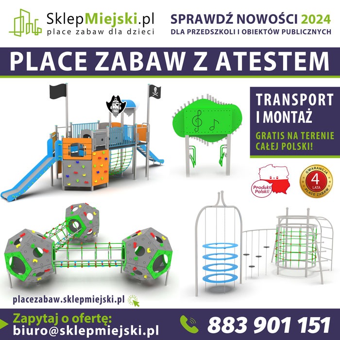 Zestaw placu zabaw z atestem dla obiektów publicznych, z elementami wspinaczkowymi, zjeżdżalnią i mostem linowym. Widoczne logo firmy i informacja o transporcie i montażu.