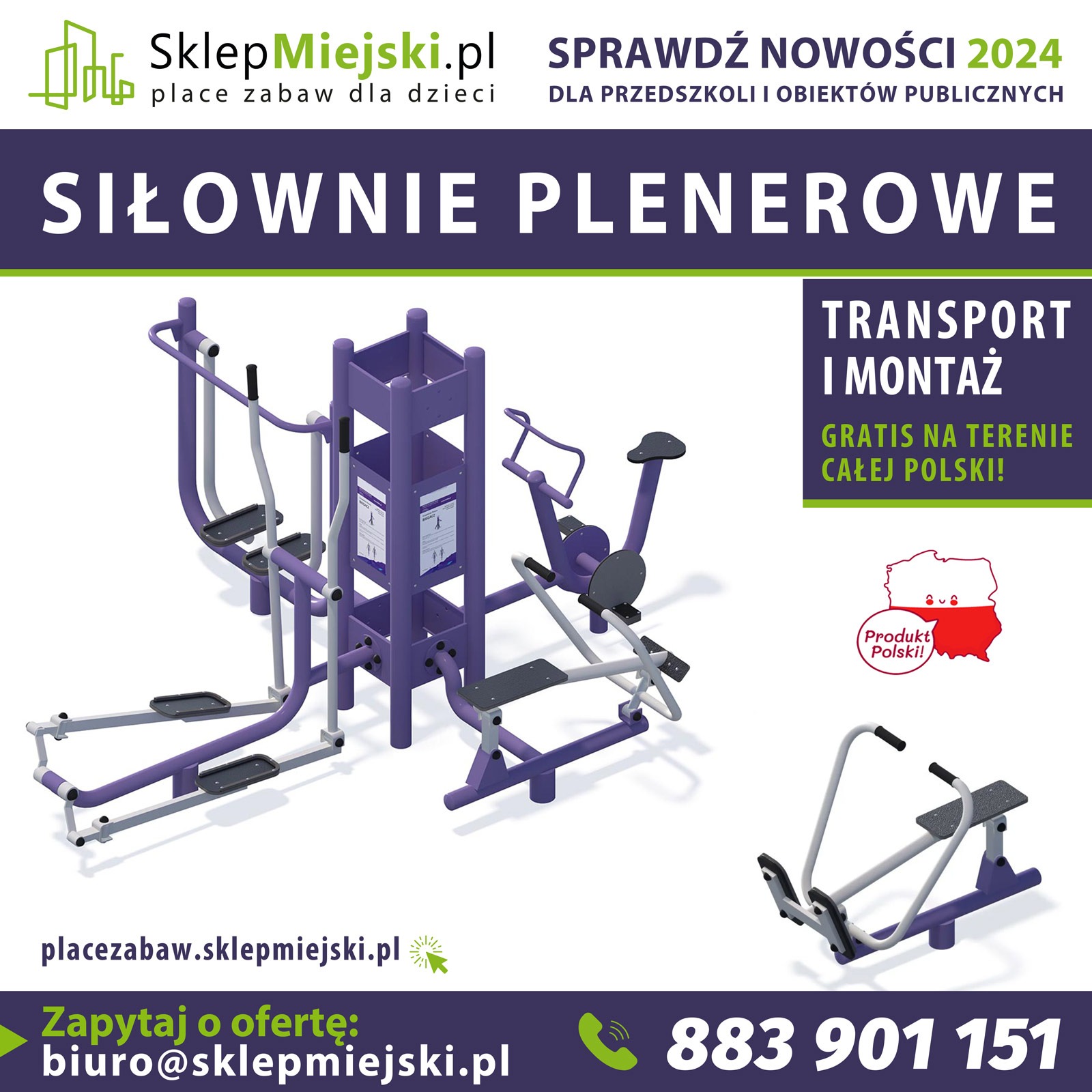 Ilustracja siłowni plenerowej z logo sklepu Miejskiego.pl i informacją o darmowym transporcie i montażu na terenie całej Polski. Produkt Polski.