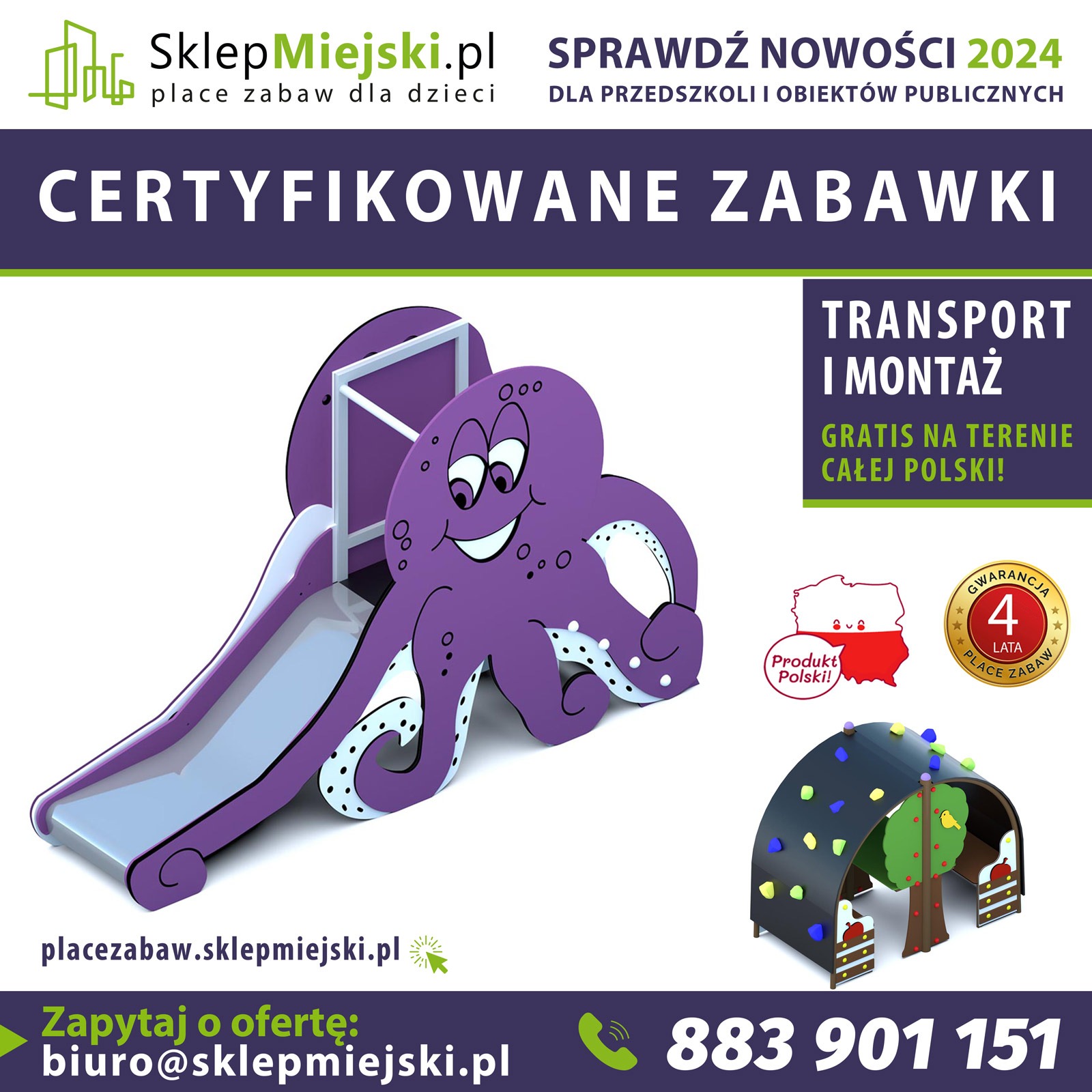 Kolorowy plac zabaw z motywem ośmiornicy i ścianką wspinaczkową. Produkt certyfikowany, z transportem i montażem na terenie całej Polski. Oferta dla przedszkoli i obiektów publicznych.
