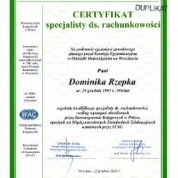 Duplikat certyfikatu specjalisty ds. rachunkowości wydanego przez Stowarzyszenie Księgowych w Polsce dla Dominiki Rzepka, Wrocław, 22 grudnia 2020 r.