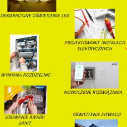 Żółto-czerwony plakat reklamowy z kolażem zdjęć prezentujących usługi elektryczne: dekoracyjne oświetlenie LED, wymiana rozdzielnic, projektowanie instalacji, nowoczesne gniazdka USB, oświetlenie...