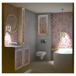 Wizualizacja łazienki z mozaikową ścianą, umywalką z szafką z ażurowymi drzwiczkami, okrągłym lustrem i wiszącą lampą w stylu orientalnym.