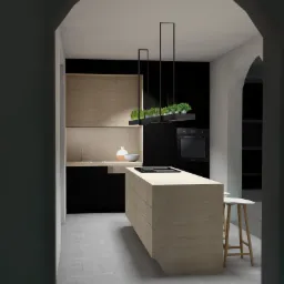 Wizualizacja nowoczesnej kuchni z wyspą, drewnianymi szafkami i czarnymi elementami, oświetlona lampą z ziołami i widoczna przez łukowe przejście.