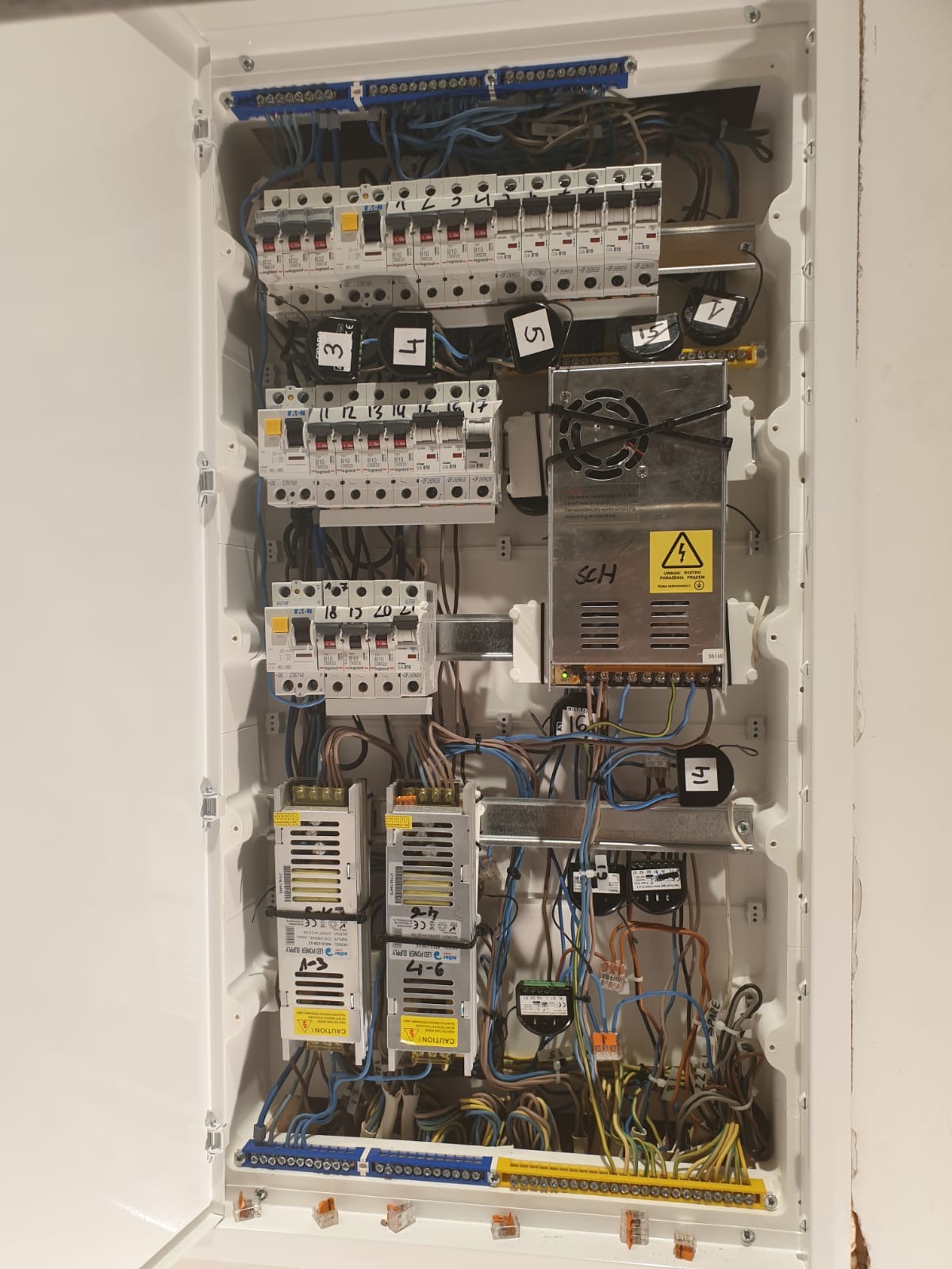 Otwarta skrzynka elektryczna z widocznymi bezpiecznikami, przewodami o różnych kolorach i zasilaczami, oznaczona numerami na czarnych etykietach, zamontowana na białej ścianie.