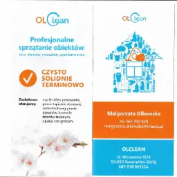 Wizyt&oacute;wka firmy OL Clean z ofertą profesjonalnego sprzątania obiekt&oacute;w, mycia okien i koszenia teren&oacute;w zielonych, z adresem i numerem telefonu.