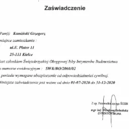 Skan zaświadczenia o przynależności do Świętokrzyskiej Okręgowej Izby Inżynierów Budownictwa dla Pana Kamińskiego Grzegorza, z numerem ewidencyjnym i informacją o ważności ubezpieczenia OC.