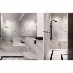 Porównanie wizualizacji i realizacji łazienki z marmurowymi płytkami, czarnymi akcentami i armaturą. Po lewej wizualizacja z złotą armaturą, po prawej realizacja z czarną armaturą, grzejnikiem...