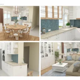 Wizualizacja wnętrza: kuchnia z białymi szafkami i blatem w odcieniach beżu, okrągły drewniany stół z krzesłami, w tle salon z beżową sofą i niebieskim dywanem, całość w jasnej kolorystyce.