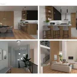 Wizualizacja wnętrza domu: jadalnia z okrągłym stołem, kuchnia z wyspą i hokerami, korytarz z roślinami i salon z kominkiem i wysokim oknem.