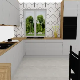 Wizualizacja nowoczesnej kuchni z białymi szafkami, drewnianym blatem i oknem z widokiem na zieleń. Geometryczny wzór na ścianie nad blatem. Czarna armatura i zlewozmywak.