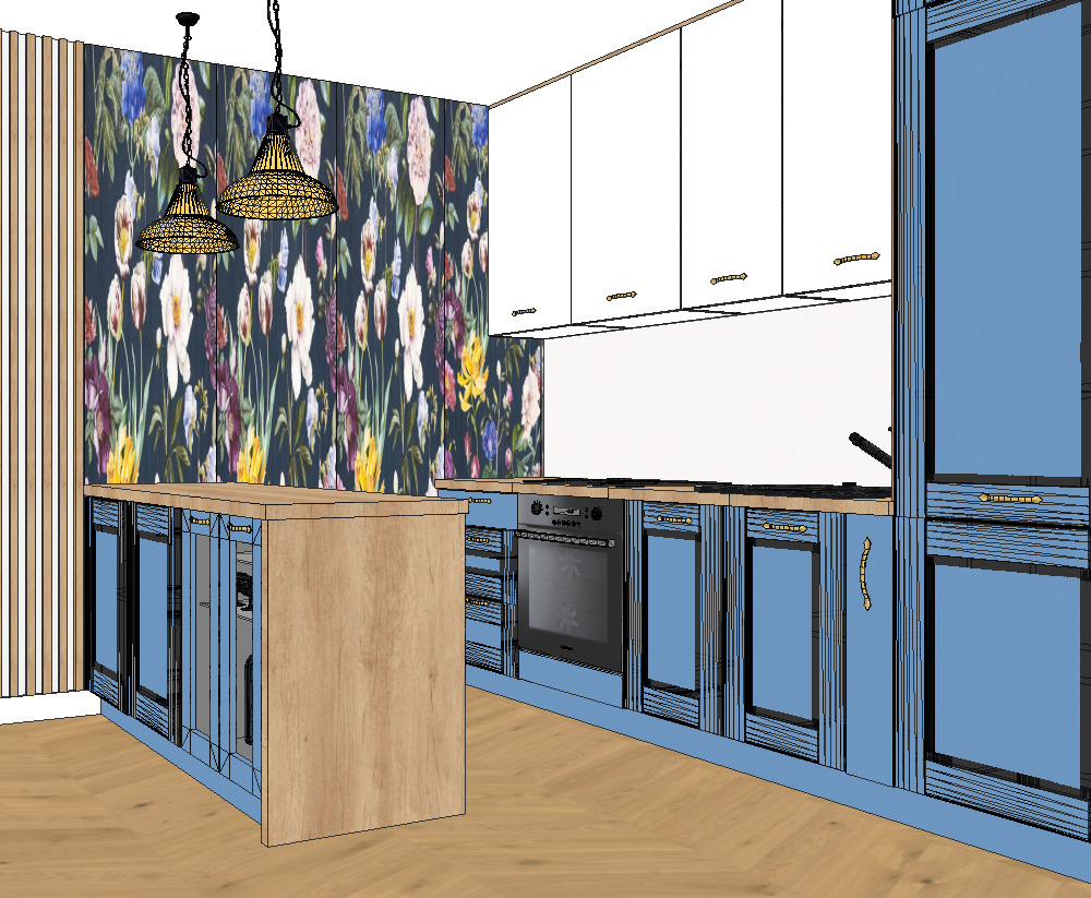 Wizualizacja kuchni z wyspą, niebieskimi szafkami z frezowanymi frontami, białymi szafkami wiszącymi, blatem w kolorze drewna i tapetą w kwiaty.