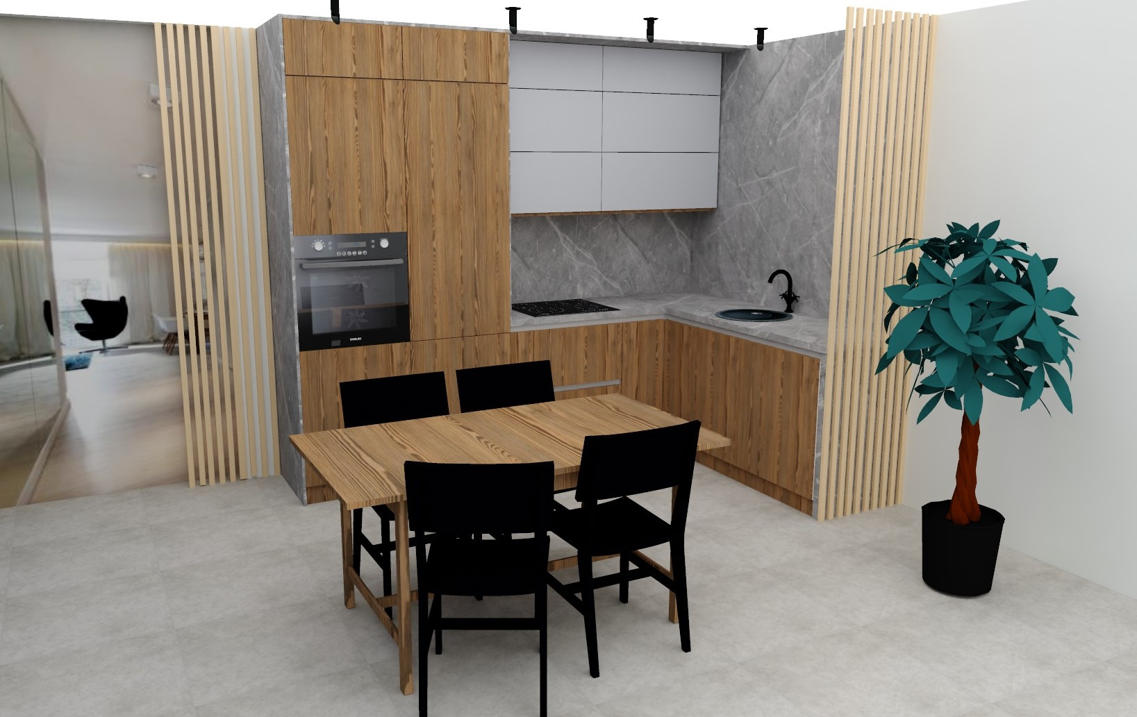 Wizualizacja kuchni z drewnianymi szafkami, szarym blatem i stołem z czarnymi krzesłami, uzupełniona rośliną doniczkową.