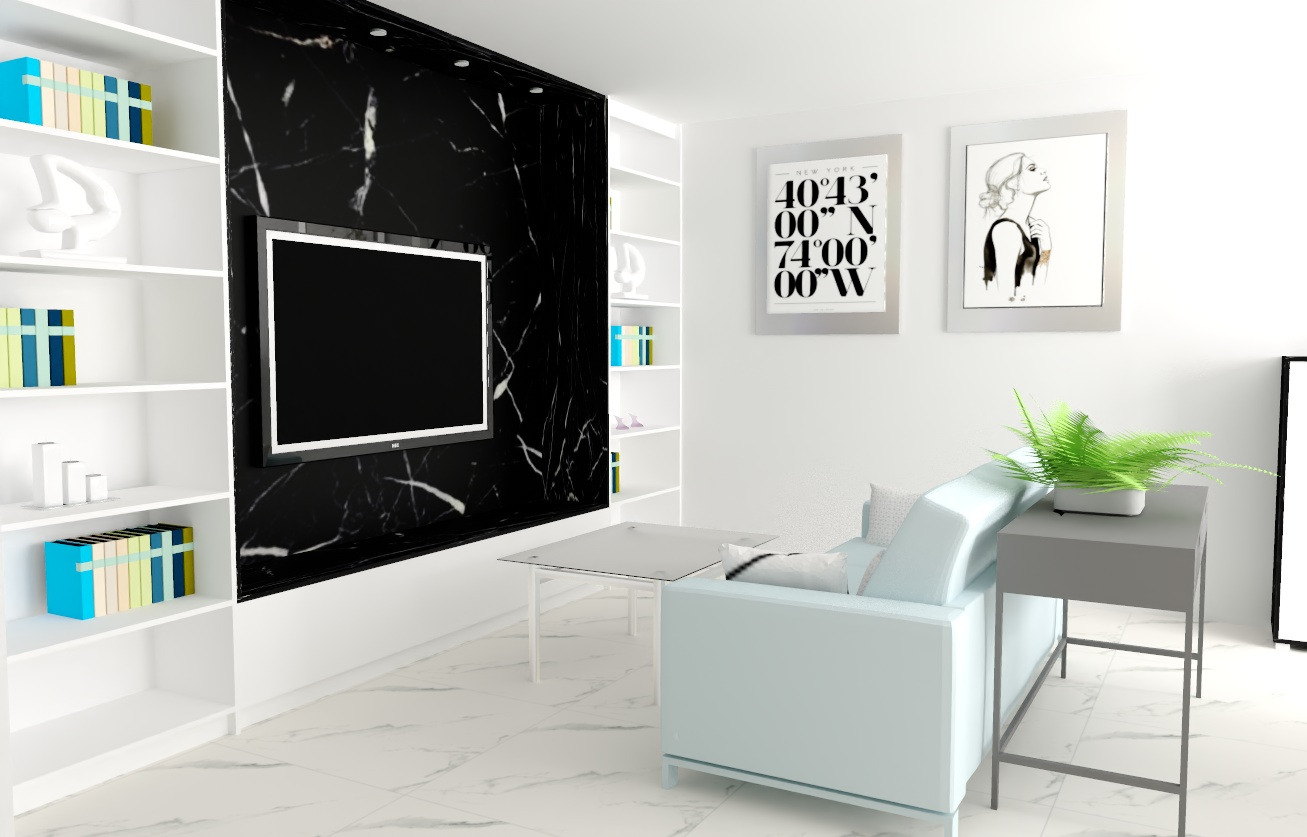 Wizualizacja wnętrza salonu z telewizorem na ścianie z czarnego marmuru, jasnoniebieską sofą i białymi regałami z dekoracjami, uzupełniona minimalistycznymi obrazami i rośliną doniczkową.