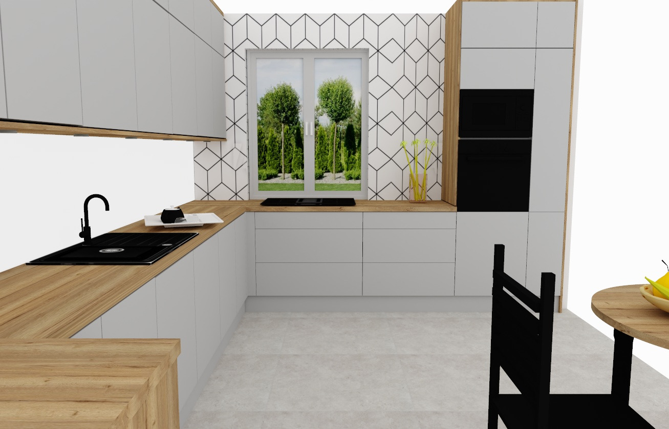 Wizualizacja nowoczesnej kuchni z białymi szafkami, drewnianym blatem i oknem z widokiem na zieleń. Geometryczny wzór na ścianie nad blatem. Czarna armatura i zlewozmywak.