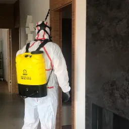 Osoba w kombinezonie ochronnym i masce z żółtym opryskiwaczem na plecach, przygotowująca się do dezynfekcji wnętrza z ciemnym kominkiem.
