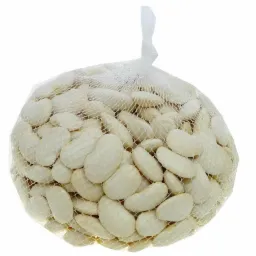 Worek z białymi nasionami fasoli typu Jaś, widoczne delikatne prążki na powierzchni nasion.