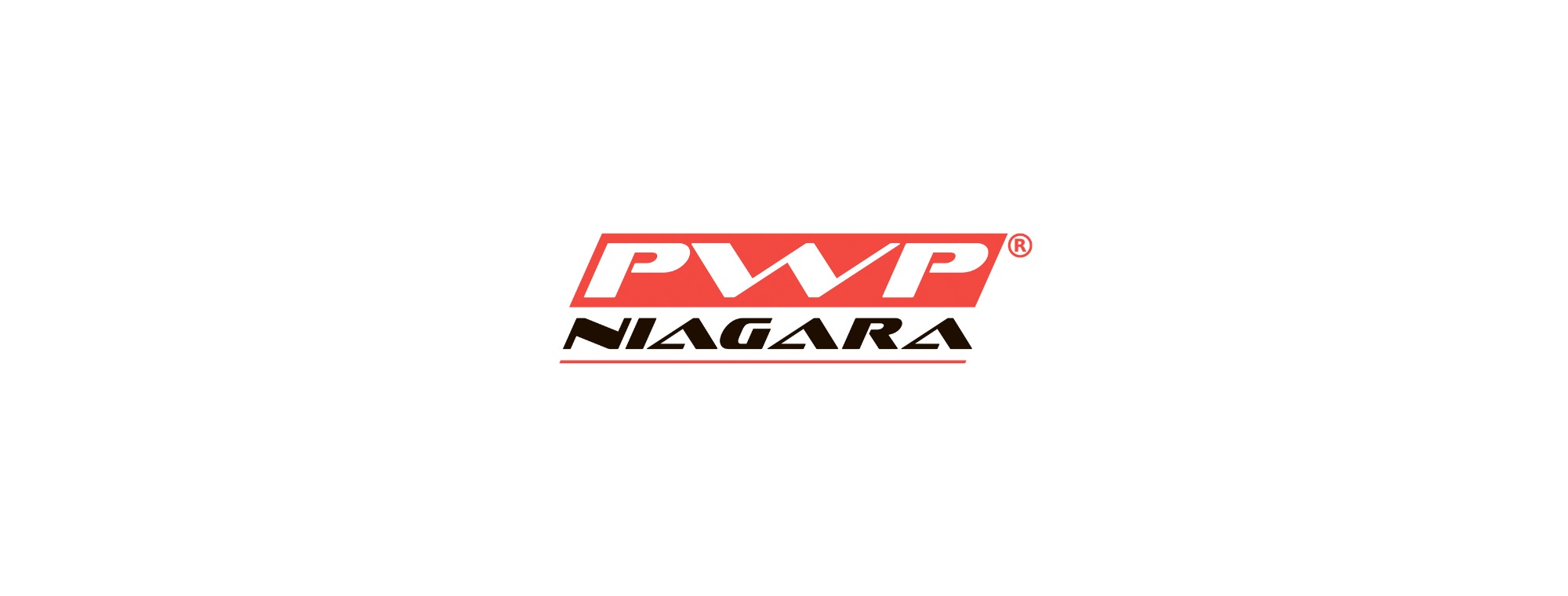 Logo firmy PWP Niagara z białym napisem na czerwonym tle, poniżej czarny napis Niagara z czerwoną linią pod spodem, na białym tle.