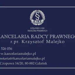 Wizytówka Kancelarii Radcy Prawnego Krzysztofa Malejko z logo KIRP, numerem telefonu, adresem strony internetowej i adresem siedziby w Gdańsku, utrzymana w granatowo-białej kolorystyce.