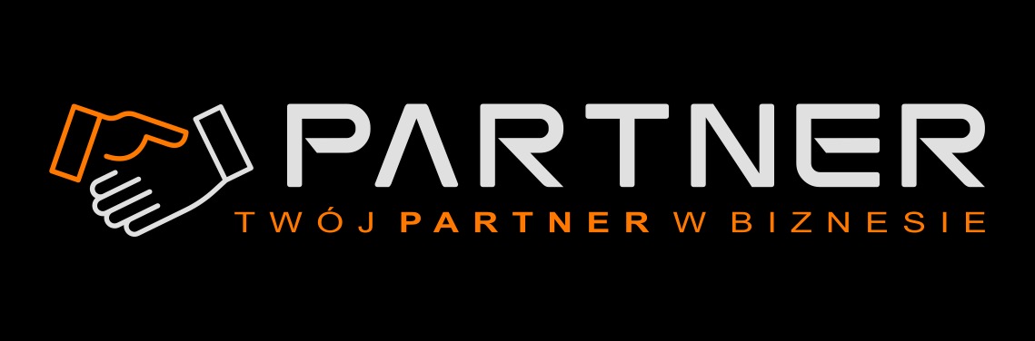 Logo firmy Partner z pomarańczowo-białą ikoną uścisku dłoni i hasłem 'Twój Partner w Biznesie' na czarnym tle.