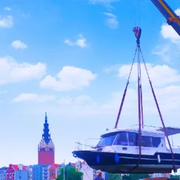 Żuraw przenosi jacht motorowy na tle zabudowy miejskiej i błękitnego nieba z chmurami.