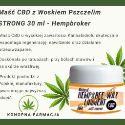 Maść Konopna CBD z Woskiem Pszczelim STRONG 30 ml - maść z  CBD,  z woskiem pszczelim, olejem konopnym i innymi składnikami regenerującymi. Idealna do pielęgnacji skóry suchej, podrażnionej,