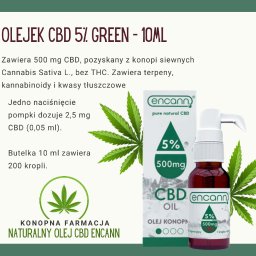 Olej CBD 5% Green Encann - 10ml to naturalny olej konopny o pełnym spektrum, zawierający 500mg CBD. Produkt pozyskany z konopi siewnych metodą ekstrakcji nadkrytycznym CO2, co zapewnia wysoką czystość i jakość