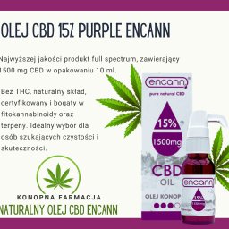 Konopna Farmacja - Olejek CBD 15% marki Encann na tle opakowania i listków konopi, prezentowany na fioletowym tle.
