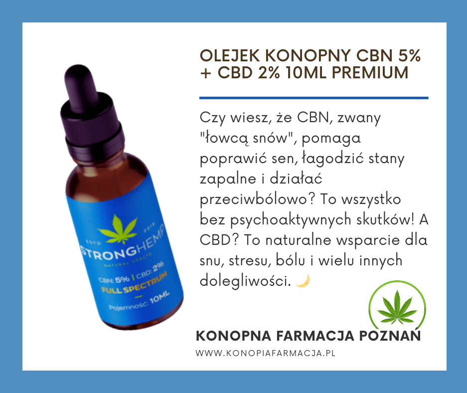 Butelka olejku konopnego CBN 5% i CBD 2% z pipetą, etykieta z napisem 'STRONGHEMP', informacja o właściwościach olejku i logo 'Konopna Farmacja Poznań' na jasnoniebieskim tle.