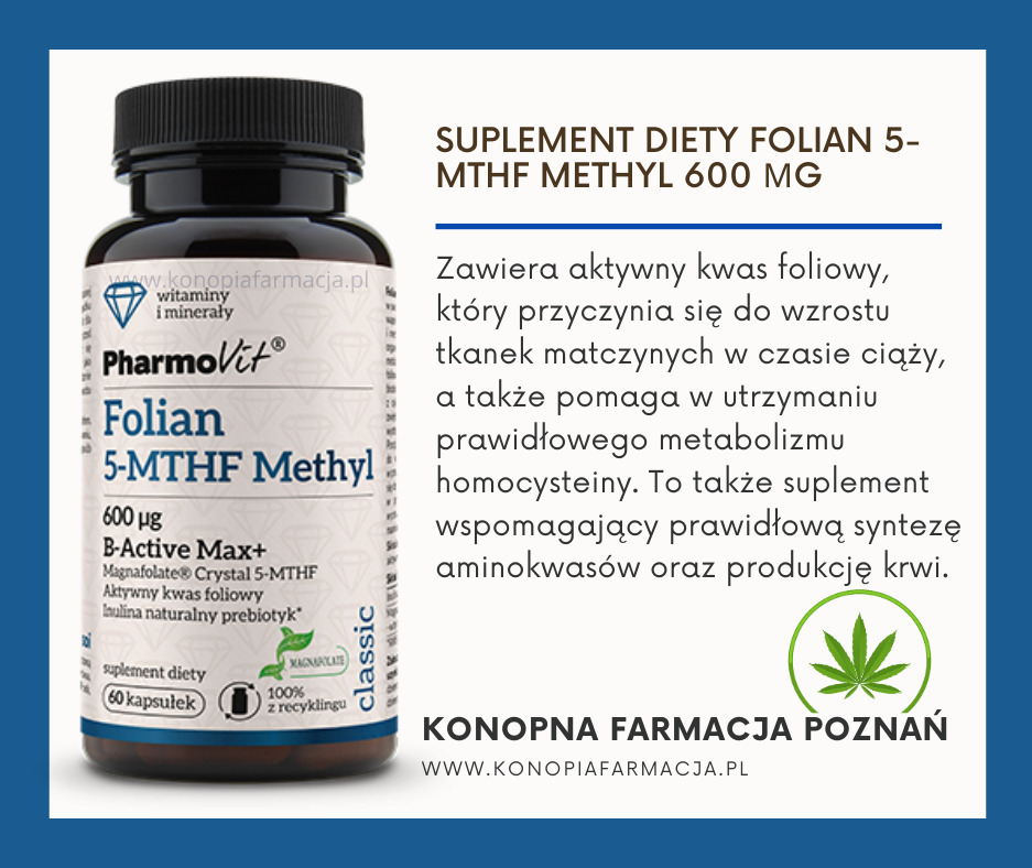 Czarne plastikowe opakowanie suplementu diety Pharmovit Folian 5-MTHF Methyl 600 µg z etykietą informacyjną na tle częściowo widocznego opisu produktu i logo Konopna Farmacja Poznań.