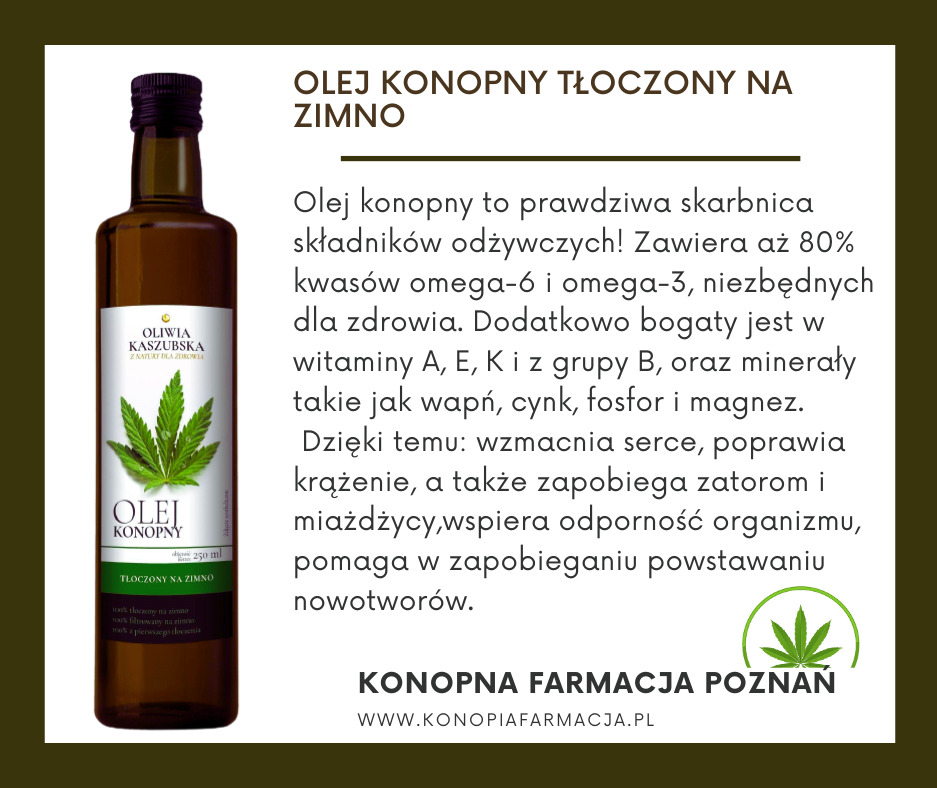 Butelka ciemnego oleju konopnego tłoczonego na zimno, z etykietą prezentującą liść konopi i nazwę producenta, umieszczona obok tekstu informacyjnego o właściwościach odżywczych i korzyściach...