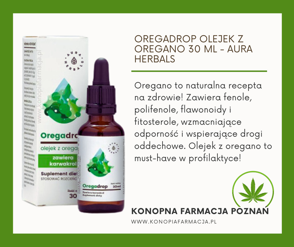 Butelka olejku z oregano marki Oregadrop obok pudełka, prezentacja właściwości i korzyści, w tle zielona grafika i tekst informacyjny.
